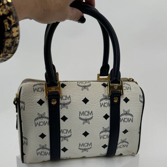 MCM Navy Blue and White Monogram Rare Boston Mini Top Handle Bag - Picture 2 of 6